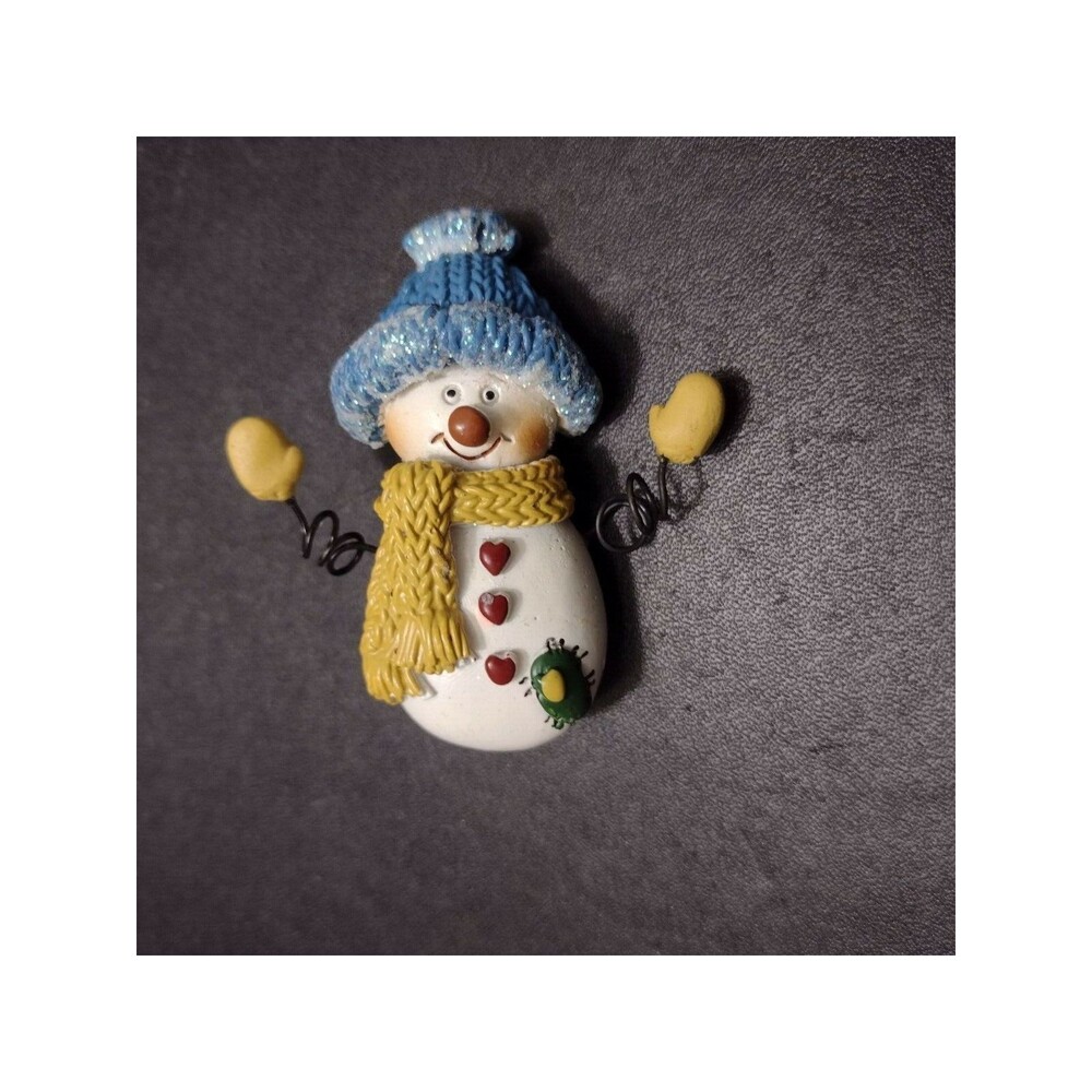 Glittery snowman brooch blue hat red hearts